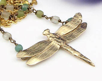 Gold Bronze Dragonfly Pendant on Solid Gold Bronze Chain with Glass Java Beads