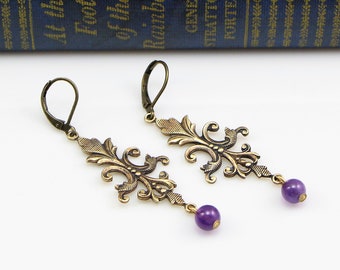 Vintage 1970s Ornate Brass Dangle Earrings with Purple Amethyst Gemstones