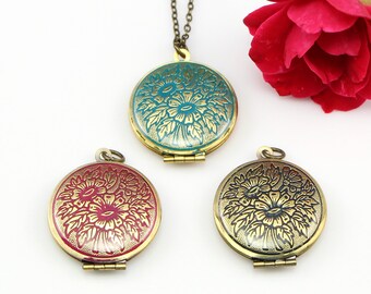 Floral Gold Brass Locket with Patina and Clear Resin Finish on Rolo Chain