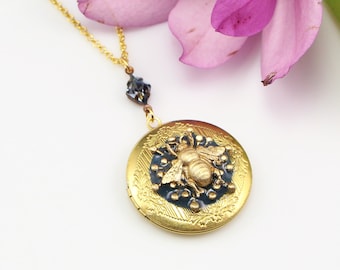 Gold & Blue Bee and Floral Locket, Vintage Style, with Swarovski Crystal Connector on Gold Plated Rolo Chain