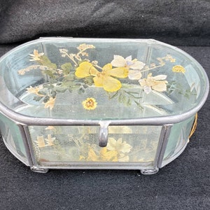 pewter trinket glass box decor floral oval box