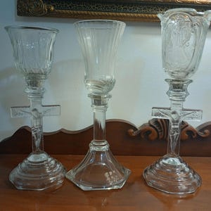 Glass Candlestick Votive Holders: Cross, Angel, Cut Glass Design - Set of 3