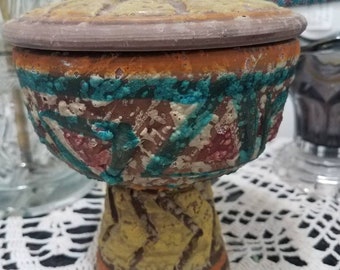 Ceramic, stoneware, red clay, Italian abstract textured colored pedestal lidded bowl, vase, trinket box keepsake box, candy dish.