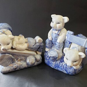 Ceramic pig figurine, blue and white glaze  piglets playing