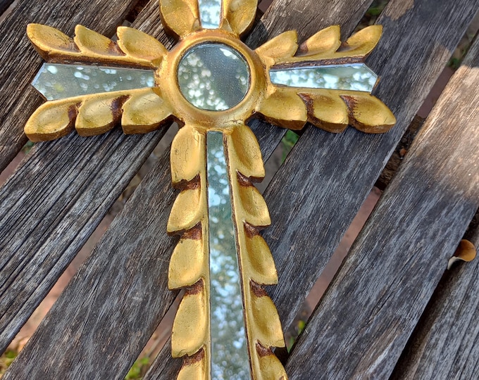 Peru Gold Tone Leaf Painted Shapes Cross With Mirror Glass Between On peru-gold-tone-leaf-painted-shapes-cross-with-mirror-glass-between-on