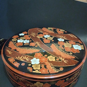Japanese Lacquer Tier Box: Black & Red Floral Container