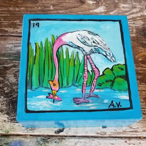 Loteria, la Garza, shops flamingo, Mexican bingo, acrylic painting on clay board.
