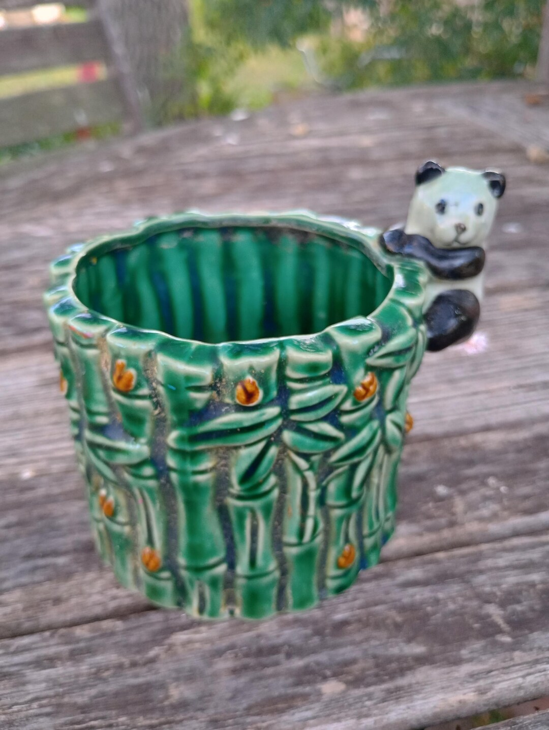 Majolica Panda Green Bamboo Planter Bowl Art Pottery Ceramic. - Etsy