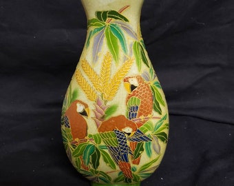 Cloisonné Parrot Asian Scene  vase