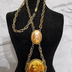 Costume Jewelry, fashion jewelry. Victorian Necklace with porcelain, courting scene, double pendant.