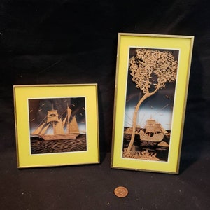 Wall art, frame art, Seascape, ocean scenery art framed. A pair of wall hanging cork art ship. Handmade, made in Spain for Foleys.