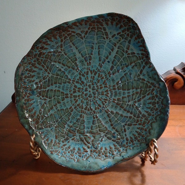 Freeform studio ceramic  slab radial mandala design signed by the artist.