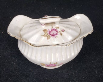 Mauve rose ceramic two handle lidded sugar bowl, cream bowl,