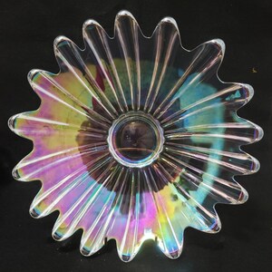 Easter decor, spring decor, Vintage clear sunburst starburst design glass scallop large bowl platter with iresdescent colors.