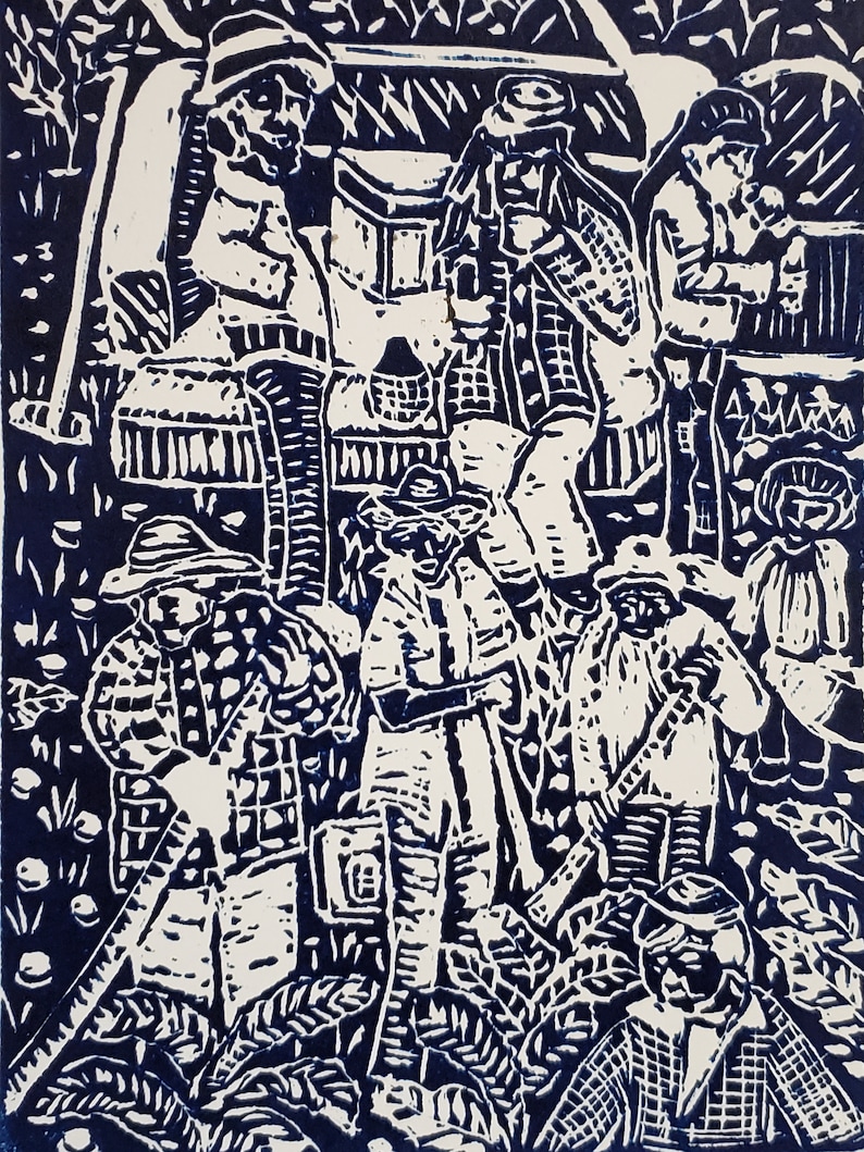 Linoleum cut print, Migrant worker's taking a break, Anna Marie Sanchez Varela, Mexican American artist, Original artwork signed. image 1