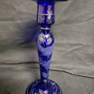 Signed czech slovakia tall antique cobalt blue candle holder with silver hand painted scene of a bird on a branch.