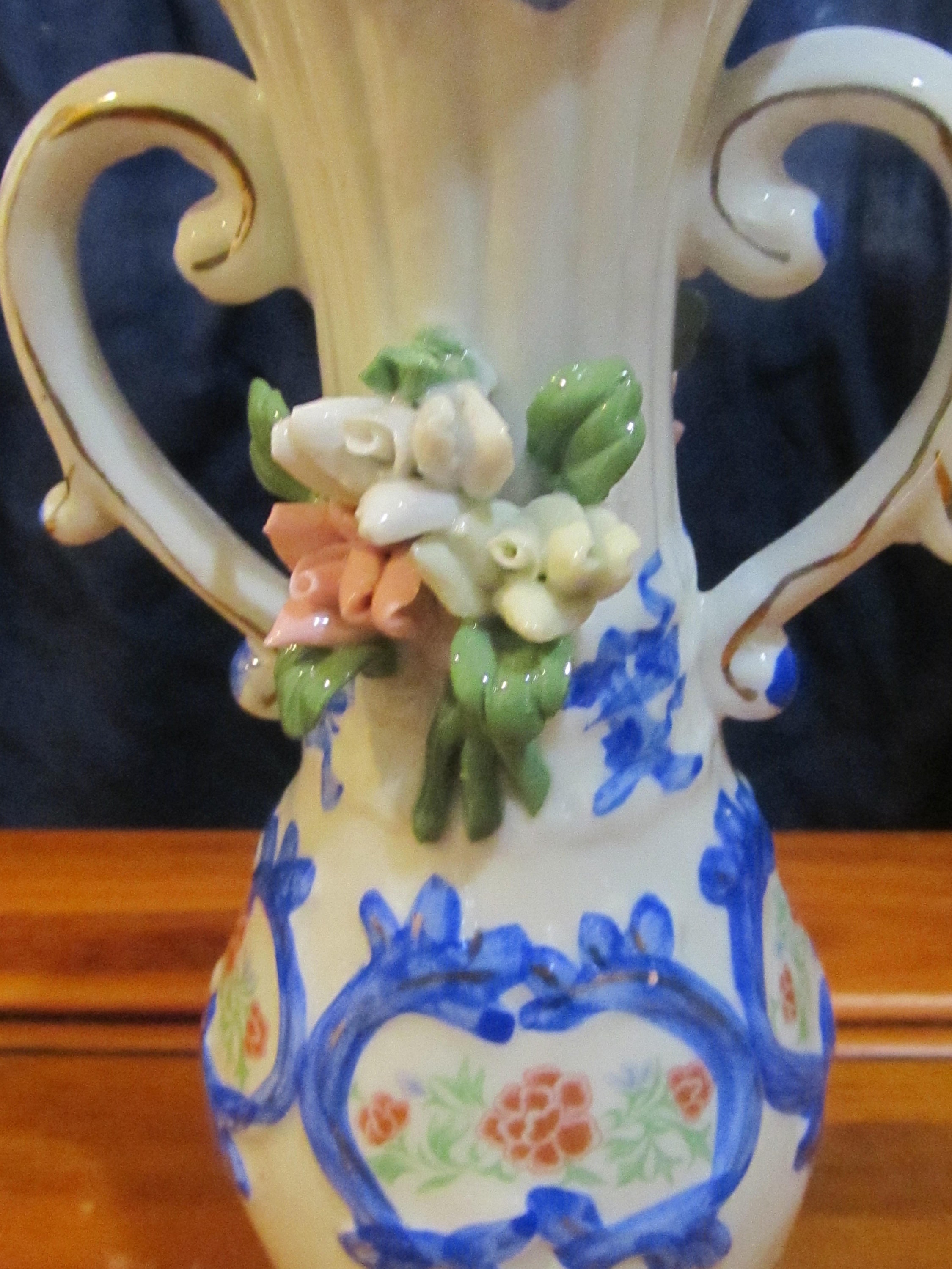 Blue white vase with pastel florals and two handles Etsy