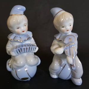 Pair of Jester Clown Porcelain Musician Figurines