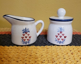 USA hand decorated N G Gustin co pair of sugar and bowl with heart decor