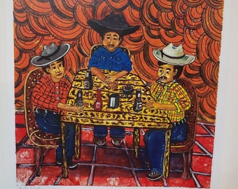 Photoprint, bar scene,  los compadres, God fathers, cantina, bar gathering, hanging out with the boys, men. Mexican American folk art print