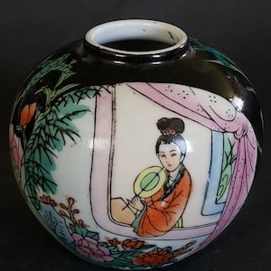 Asian mini vase, asian scenery, garden scenery, blue and pink vase, porcelain vase