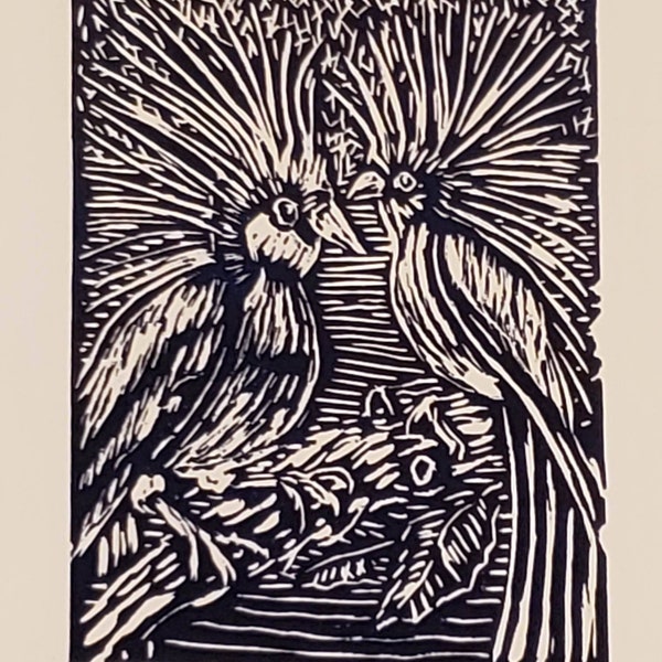 Linoleum cut print, Spiky hair birds