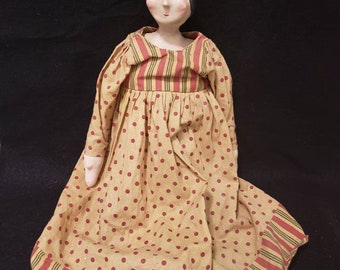 Primitive doll with an earth tone colored fabric stripe polka dots dress, rag dolls, wooden dolls, bean bag dolls