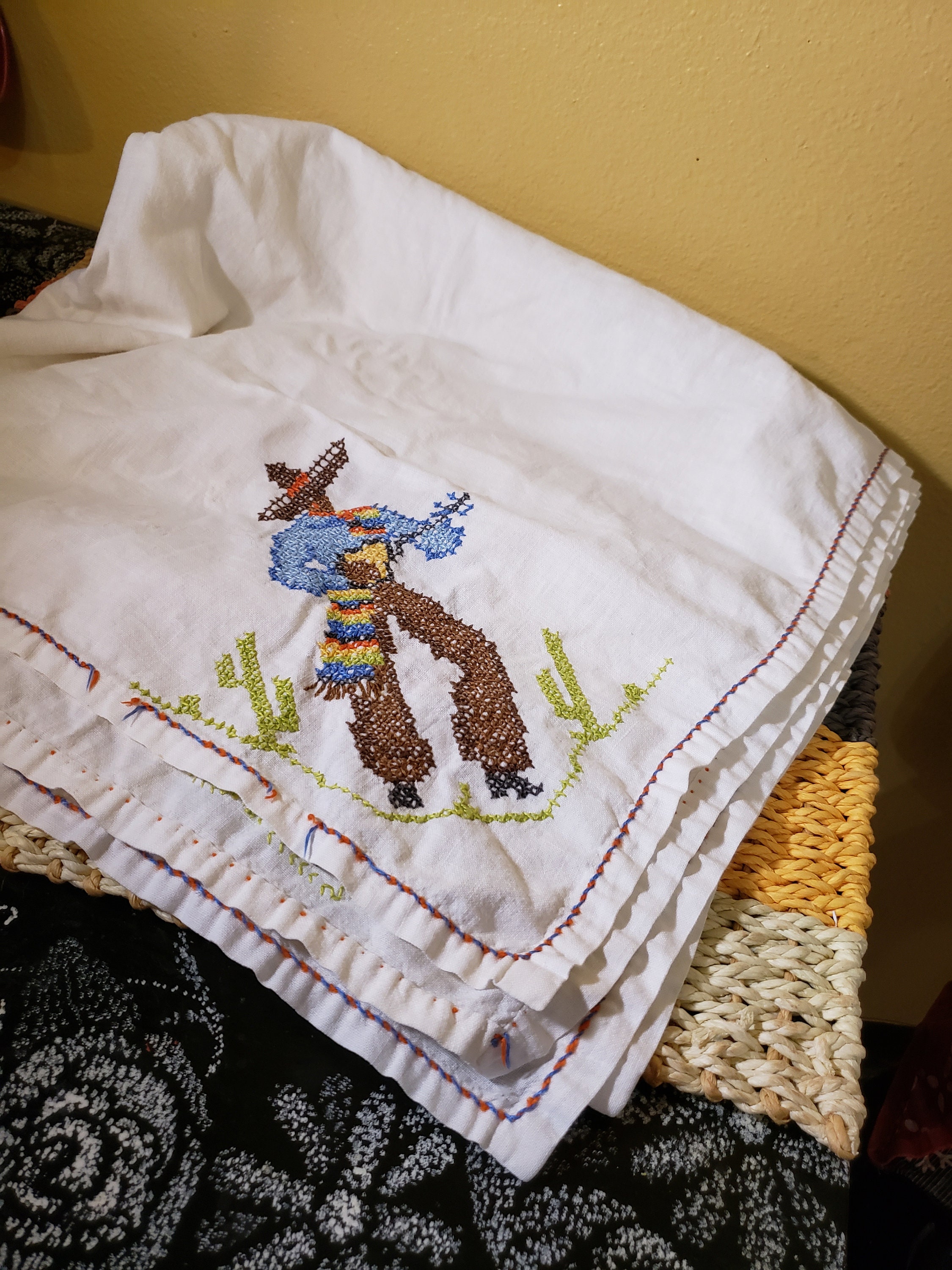 Cross Stitch table cloth Mexican theme man with his Sombrero and guitar