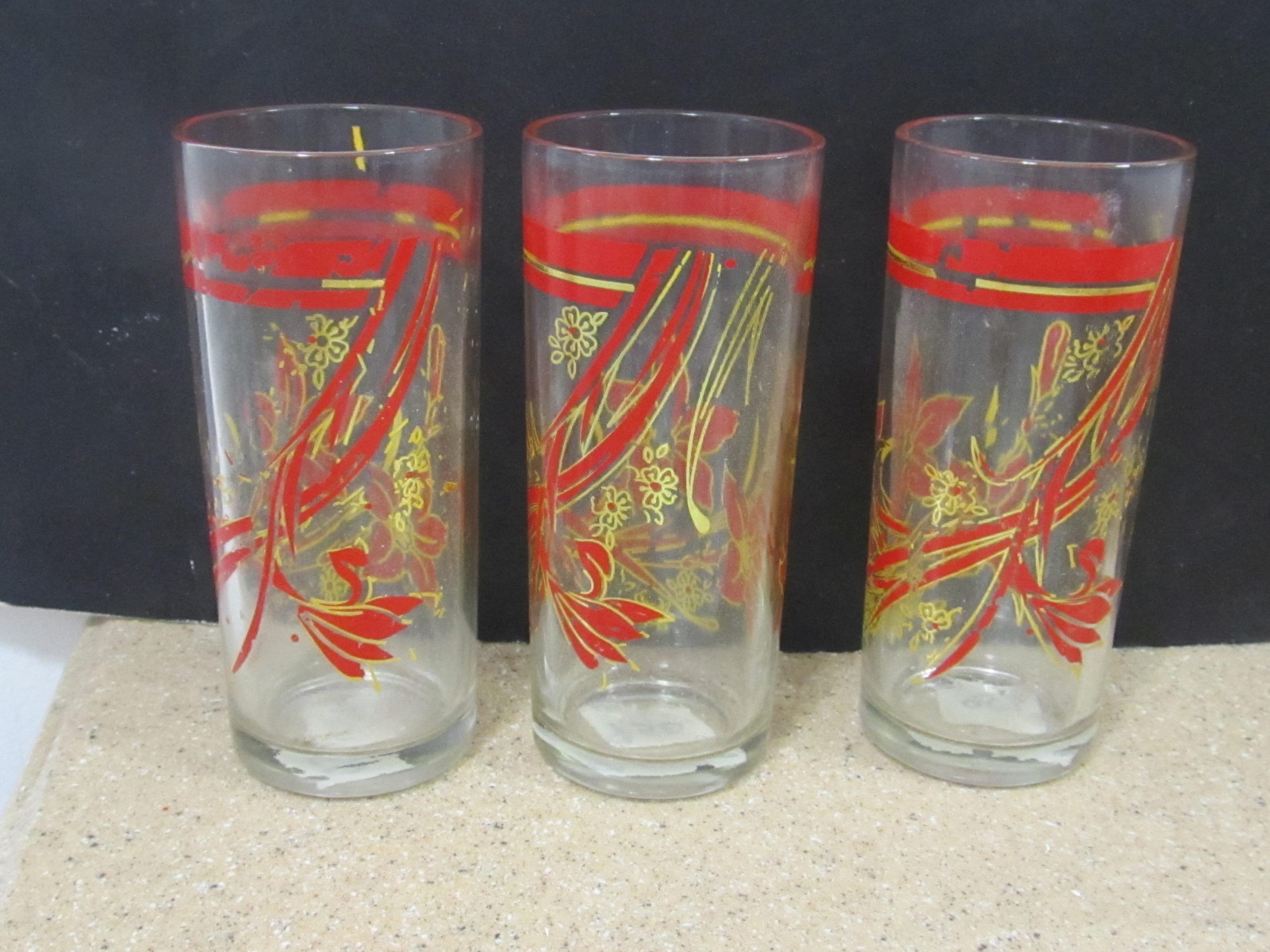 Set of Three Asian Glass With Red and Yellow Flowers - Etsy