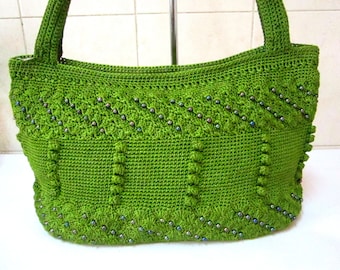 Handbag Tote Bag  Book Bag Knitted  Green  With Beads And Free Gift Coin Purse