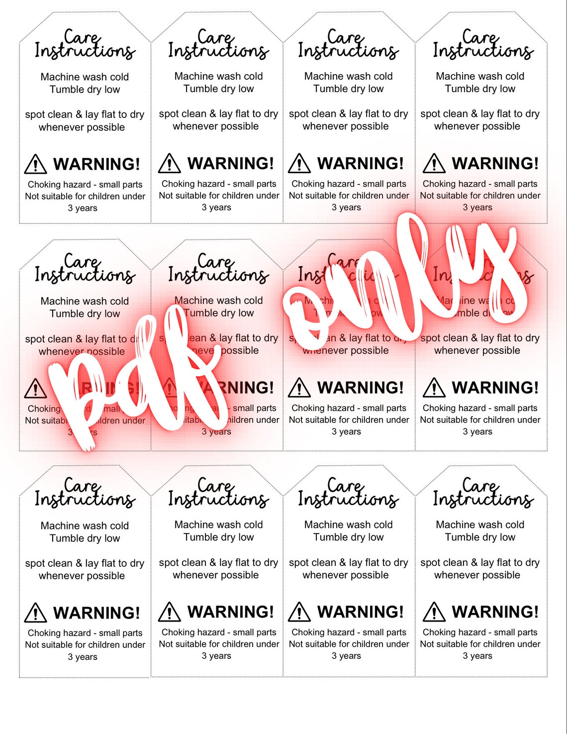 Care Instructions Product Tag, Printable, Digital Print, PDF File ...