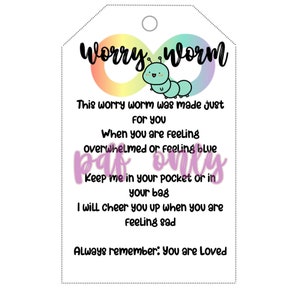 Worry worm product tags, printable, digital print, PDF file, crochet sensory fidget, printable product tag, worry worm, fidget toy image 2