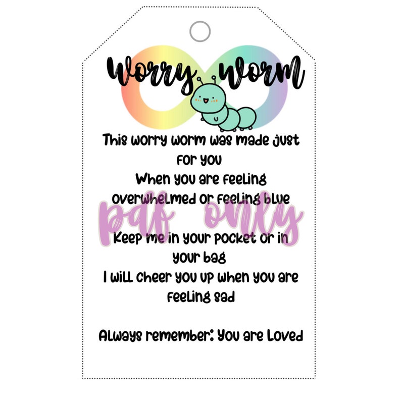 Worry worm product tags, printable, digital print, PDF file, crochet sensory fidget, printable product tag, worry worm, fidget toy image 2