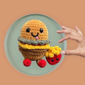 Crochet hamburger, hamburger pal, crochet food, crochet food animal, crochet stuffies, crochet cheeseburger, food stuffies, unique crochet