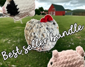 Best seller bundle, crochet farm animals, crochet cow, crochet chicken, crochet pig, farmhouse decor, farmhouse cow, pig stuffie, barnyard