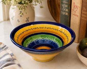 Spanish Ceramic Bowl Large 14” | Handmade Pottery Spain | Colorful Yellow Blue Green Serving Bowl