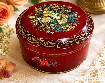 Vintage Barringer Wallis & Manners Tin England | Burgundy Floral Round Storage Tin | Mid Century