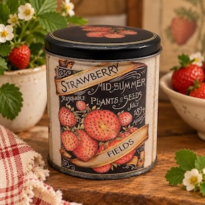 May include: A cylindrical metal tin with a black lid featuring a strawberry illustration. The label reads Strawberry Mid-Summer Plants & Seeds July 1894 Fields. The design includes detailed red strawberry graphics on a cream and black background.