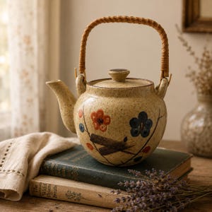 Vintage 1970s Japanese Stoneware Teapot | Speckled Ceramic Tea Pot with Cane Handle | Orange & Navy Floral Pottery