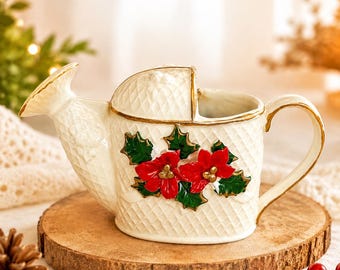 Vintage Christmas Water Pitcher | Poinsettia Ceramic with Gold Trim | Farmhouse Christmas Decor