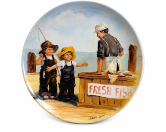 Vintage “Fish Story” Collector Plate by Jeanne Down – Friends I Remember Series – Children & Fisherman Pier Scene – 8.5 Inch
