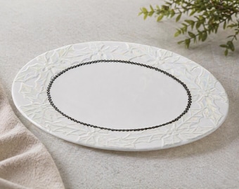 Vintage Ceramic Platter with Silver Beaded Trim – 18” x 12” Holiday Serving Tray