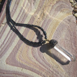 Quartz crystal with hematite unisex necklace