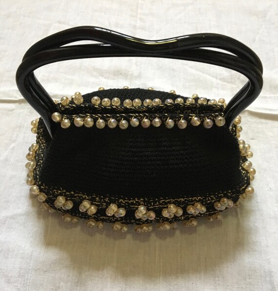 1950's/1960's Black Crochet and White/Gold Pearli… - image 2