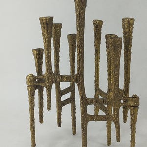 Vintage Brutalist Brass Hanukkah Menorah 9-Branch Folding Hinged Jerusalem Art
