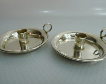 Rare Vintage Sterling Silver Candlestick Holders w Carrying Rings and Wax Collect Tray