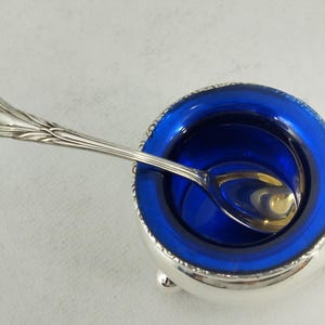 Antique Sterling Mustard Pot Pinch Bowl w Cobalt Blue Insert
