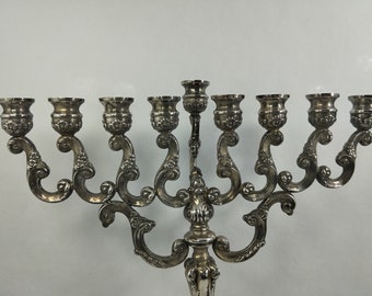 Judaica Large Hanukkah Menorah Silver 925 Floral Decorated