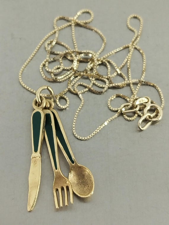 14k Gold Miniature Spoon Fork Knife Charm Pendant With a 14k Gold