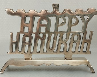 Rare Vintage Brass Quality Happy Hanukah Menorah